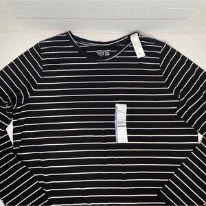 Time & Tru Womens Long Sleeve Core Tee Shirt Black White Striped Crew Neck 2XL